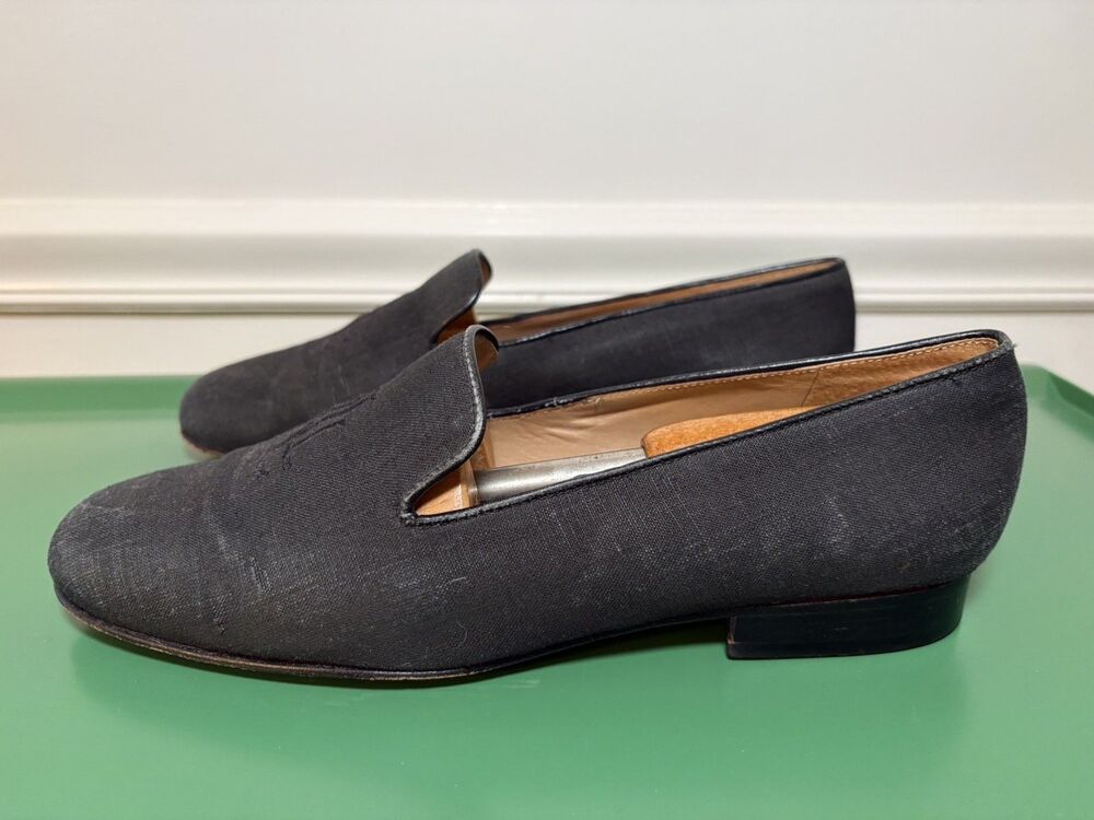 Vintage Ralph Lauren Linen Blend Black Embroidered Loafer Flats 8B w/ shoe trees